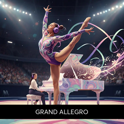 A vibrant purple and pink swirling-patterned gymnast leotard with matching headphones perfect for piano lyrical gymnastics floor music