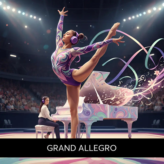A vibrant purple and pink swirling-patterned gymnast leotard with matching headphones perfect for piano lyrical gymnastics floor music