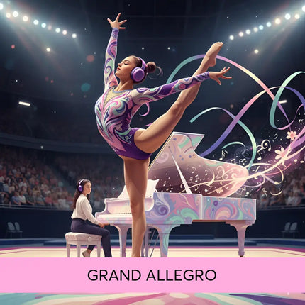 A vibrant purple and pink swirling-patterned gymnast leotard with matching headphones perfect for piano lyrical gymnastics floor music