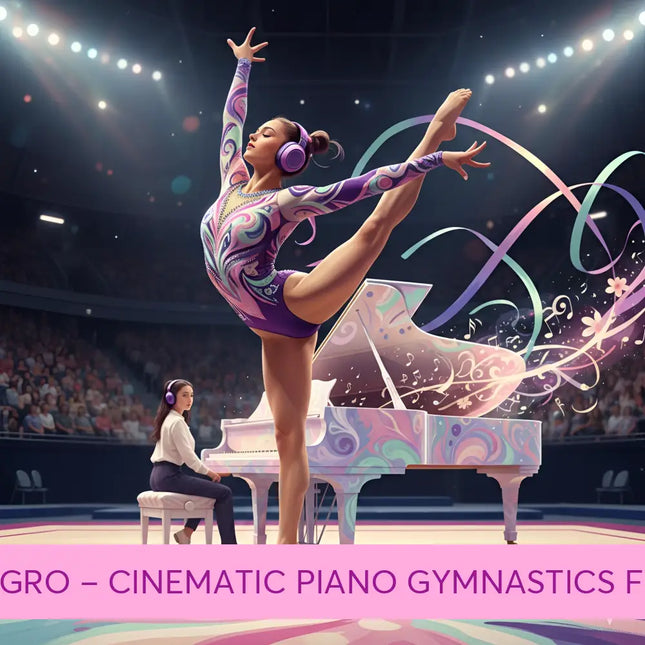 A vibrant purple and pink swirling-patterned gymnast leotard with matching headphones perfect for piano lyrical gymnastics floor music