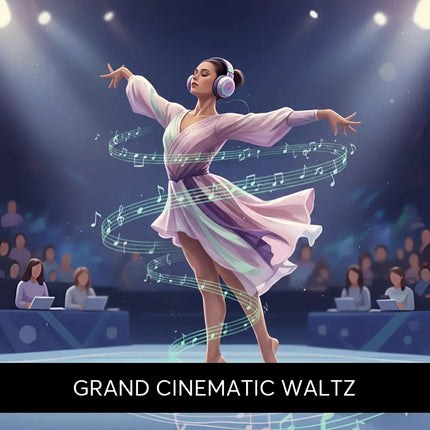 A dancer in a flowing lavender dress wearing colorful headphones for cinematic waltz gymnastics floor music