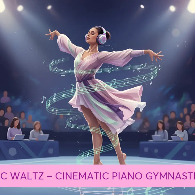 A dancer in a flowing lavender dress wearing colorful headphones for cinematic waltz gymnastics floor music