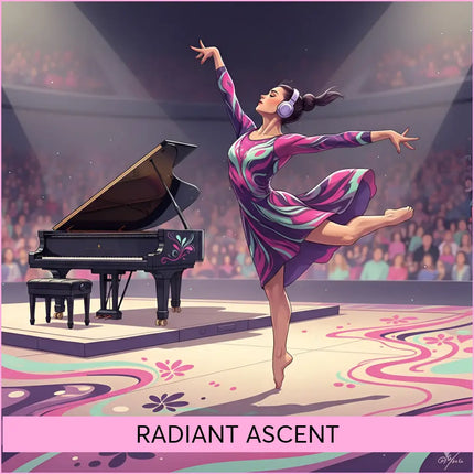 A dancer in a vibrant pink and purple dress performs lyrical gymnastics floor music beside a black grand piano