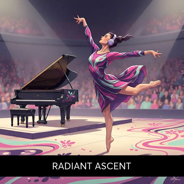 A dancer in a vibrant pink and purple dress performs lyrical gymnastics floor music beside a black grand piano