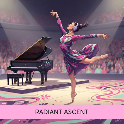 A dancer in a vibrant pink and purple dress performs lyrical gymnastics floor music beside a black grand piano