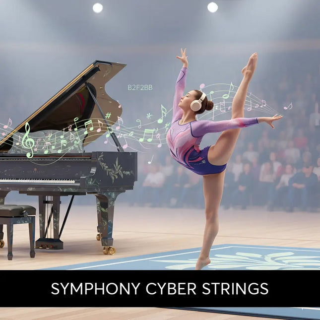A dancer in a purple and pink leotard with blue shorts wearing white headphones performs a split to gymnastics floor music