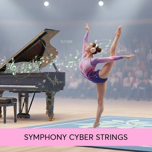 A dancer in a purple and pink leotard with blue shorts wearing white headphones performs a split to gymnastics floor music