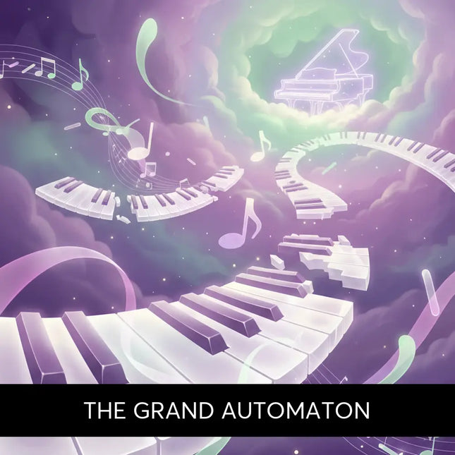 A glowing white piano keyboard with black keys curves through a cosmic sky in steampunk piano lyrical gymnastics floor music