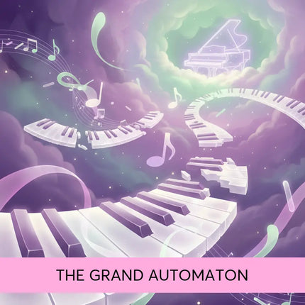 A glowing white piano keyboard with black keys curves through a cosmic sky in steampunk piano lyrical gymnastics floor music