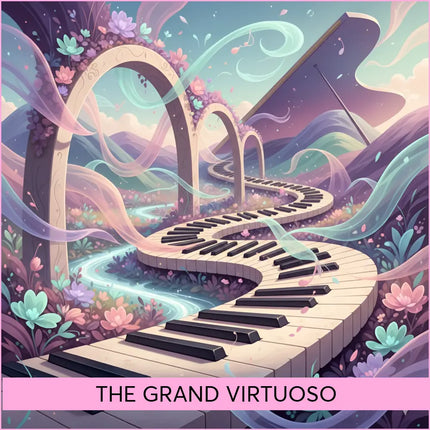 A whimsical winding piano keyboard pathway with pastel arches and ribbons in vibrant floral gymnastics floor music setting