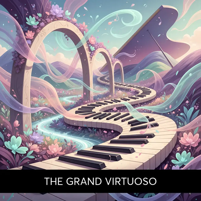A whimsical winding piano keyboard pathway with pastel arches and ribbons in vibrant floral gymnastics floor music setting