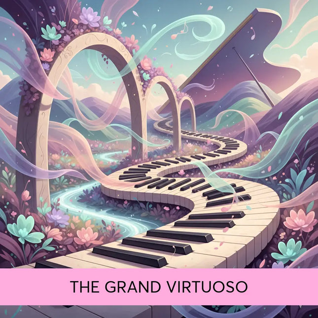 A whimsical winding piano keyboard pathway with pastel arches and ribbons in vibrant floral gymnastics floor music setting