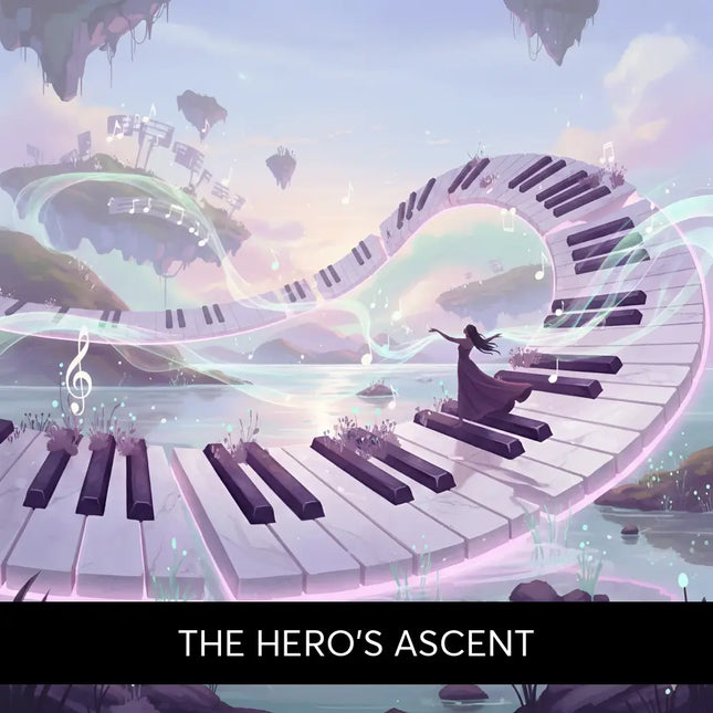 A woman in a flowing dark dress stands on a lyrical piano keyboard bridge in glowing water for gymnastics floor music