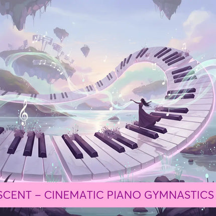 A woman in a flowing dark dress stands on a lyrical piano keyboard bridge in glowing water for gymnastics floor music