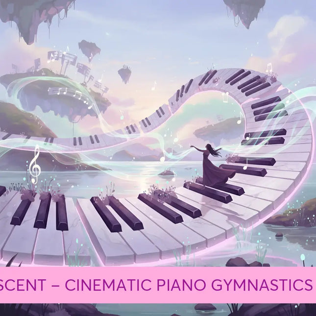 A woman in a flowing dark dress stands on a lyrical piano keyboard bridge in glowing water for gymnastics floor music