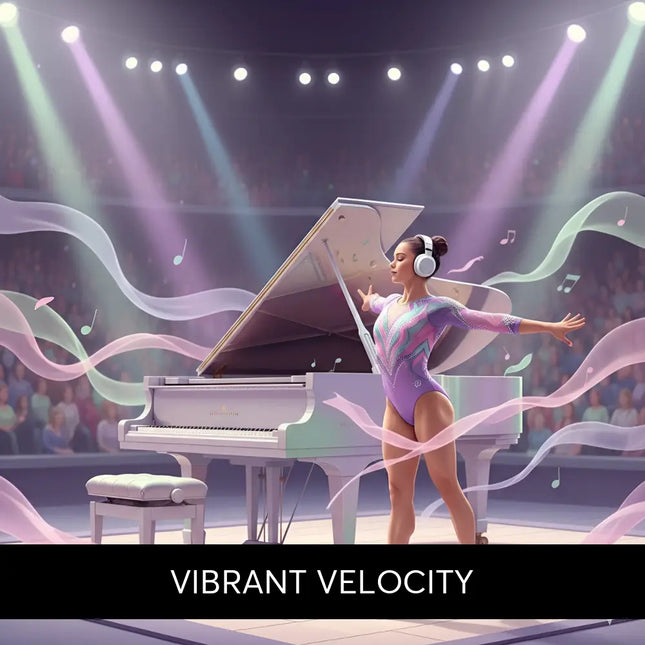 A woman in a shimmering purple and pink leotard stands by a white grand piano with flowing ribbons for gymnastics floor music