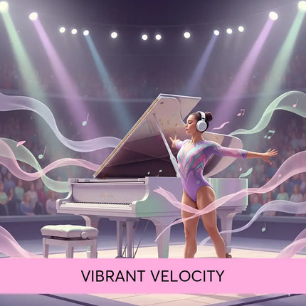 A woman in a shimmering purple and pink leotard stands by a white grand piano with flowing ribbons for gymnastics floor music