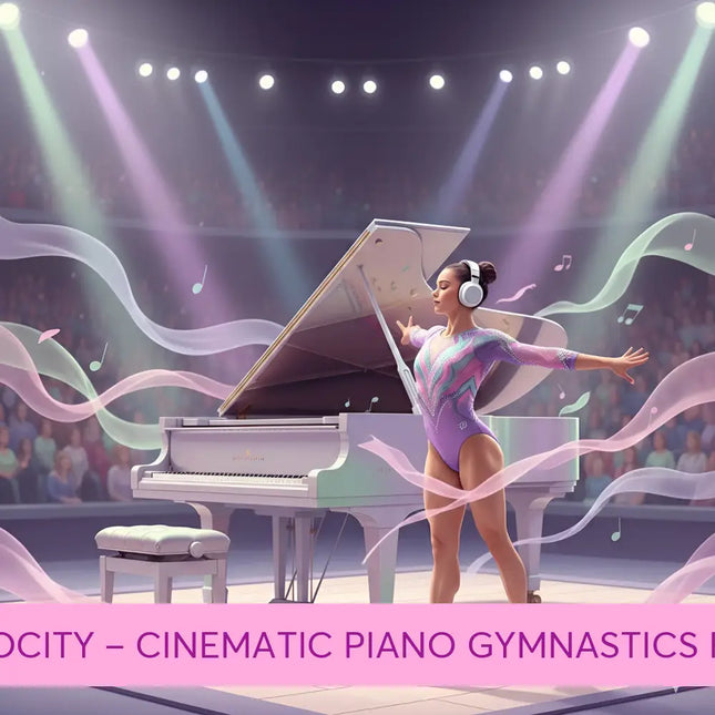 A woman in a shimmering purple and pink leotard stands by a white grand piano with flowing ribbons for gymnastics floor music