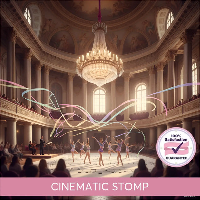 A grand chandelier with intricate crystals and warm golden lighting in an ornate concert hall suits cinematic stomp gymnastics floor music