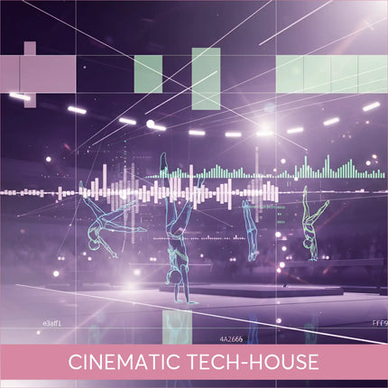 Glowing digital gymnast on balance beam in EDM gymnastics floor techno vibe