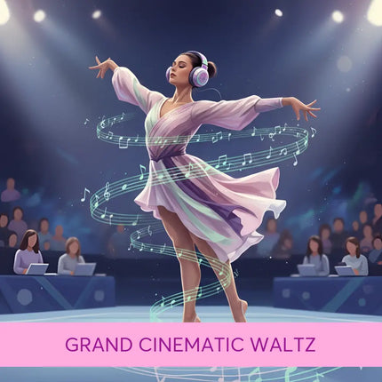 A dancer in a flowing lavender dress wearing colorful headphones for cinematic waltz gymnastics floor music