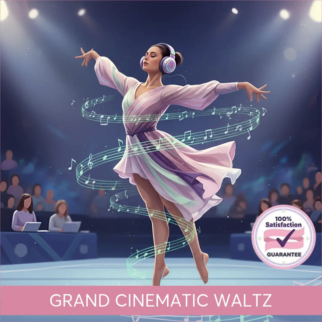 A dancer in a flowing lavender dress wearing colorful headphones for cinematic waltz gymnastics floor music