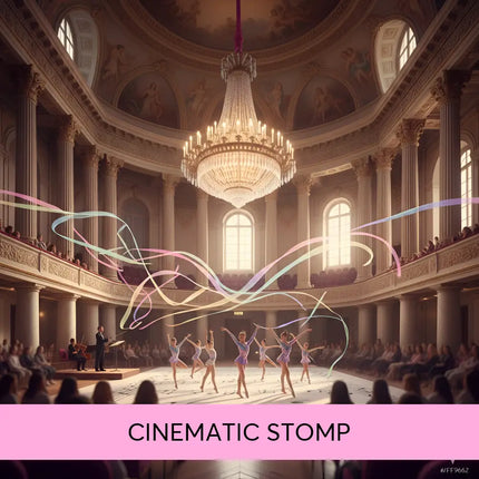 A grand chandelier with intricate crystals and warm golden lighting in an ornate concert hall suits cinematic stomp gymnastics floor music