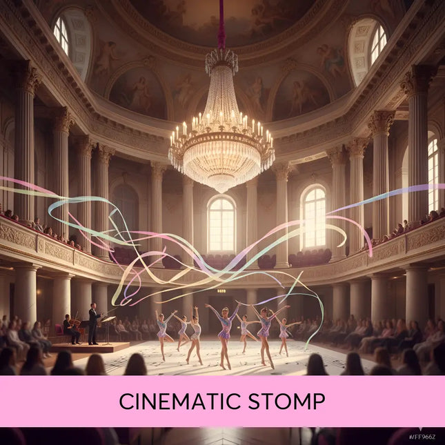 A grand chandelier with intricate crystals and warm golden lighting in an ornate concert hall suits cinematic stomp gymnastics floor music