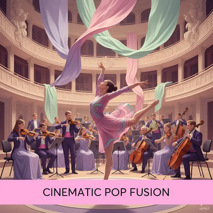 A graceful ballerina in a pink and teal dress performs on stage with symphonic cinematic pop fusion gymnastics floor music