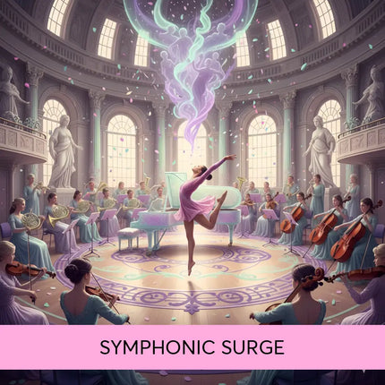 A graceful ballerina in pink performs atop a circular stage with musicians for symphonic gymnastics floor music