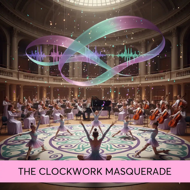 The clockwork masquerade classical symphonic music features glowing purple and teal ribbons in a vibrant gymnastics floor music display