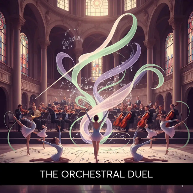 A vibrant classical symphonic music scene with ballet dancers and glowing ribbons for gymnastics floor use