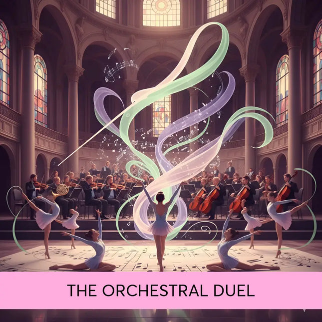 A vibrant classical symphonic music scene with ballet dancers and glowing ribbons for gymnastics floor use