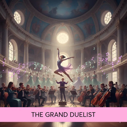 A graceful ballerina in a flowing lavender dress leaps above an orchestra with swirling notes for grand duelist symphonic gymnastics floor music