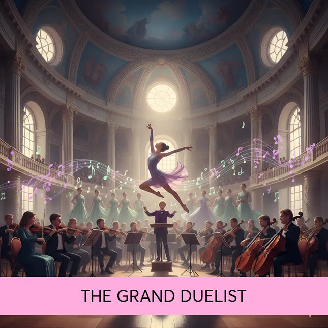 A graceful ballerina in a flowing lavender dress leaps above an orchestra with swirling notes for grand duelist symphonic gymnastics floor music