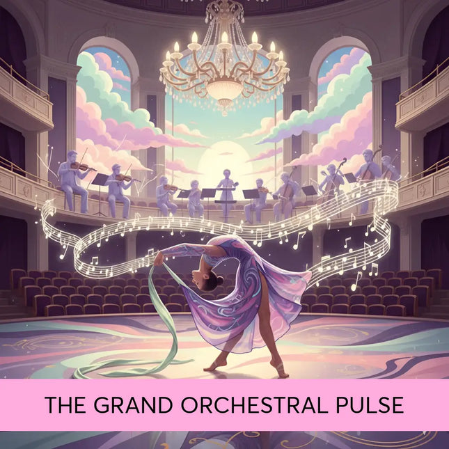 A vibrant purple and blue flowing dress with swirling patterns worn by a dancer in a concert hall for gymnastics floor music