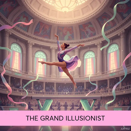 A gymnast in a purple and pink leotard performs on a glowing beam to grand illusionist symphonic gymnastics floor music