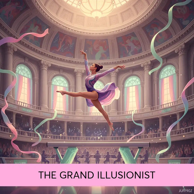 A gymnast in a purple and pink leotard performs on a glowing beam to grand illusionist symphonic gymnastics floor music