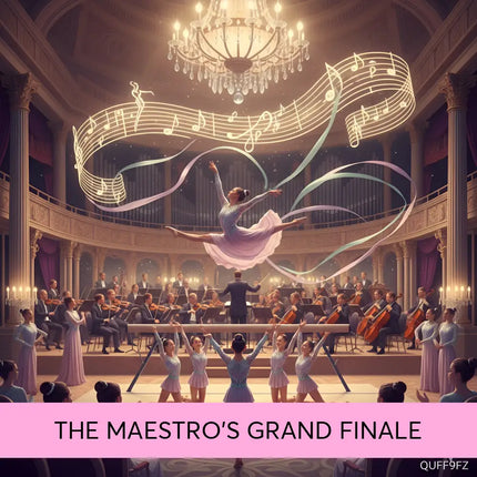 A graceful ballerina in a lavender tutu performs above an orchestra with swirling notes on classical symphonic gymnastics floor music