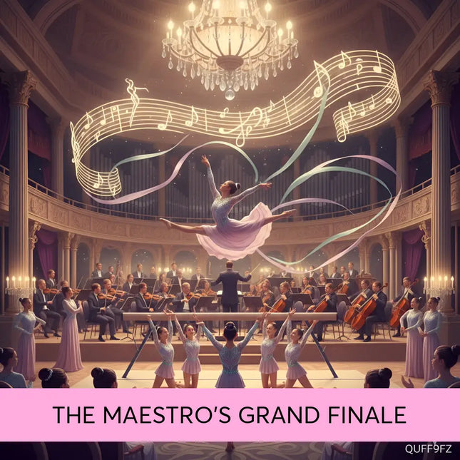 A graceful ballerina in a lavender tutu performs above an orchestra with swirling notes on classical symphonic gymnastics floor music