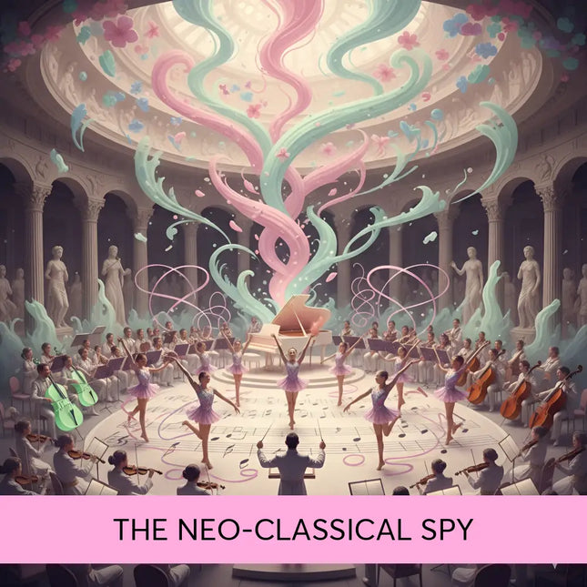 A grand piano with glossy rosewood finish in an ornate hall under pastel symphonic energy for neo-classical spy gymnastics floor music