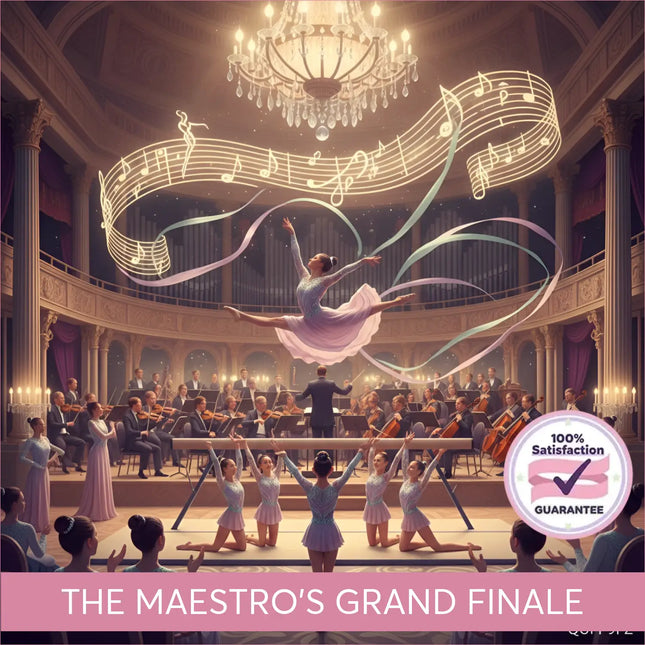 A graceful ballerina in a lavender tutu performs above an orchestra with swirling notes on classical symphonic gymnastics floor music
