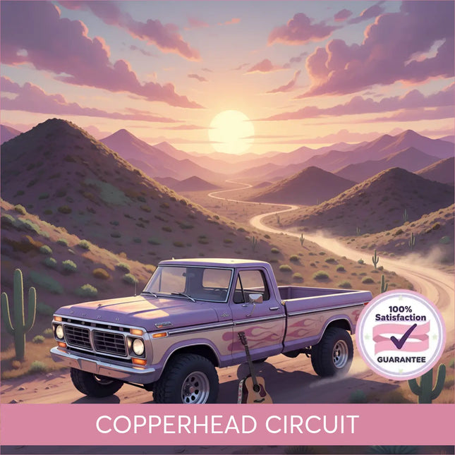 Purple vintage ford pickup truck with flame decals and chrome accents for copperhead circuit gymnastics floor music use