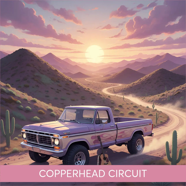 Purple vintage Ford pickup with flames in Copperhead Circuit gymnastics floor music