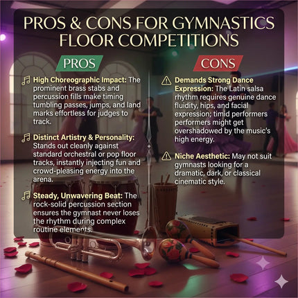 The corazon latin gymnastics floor music features pros and cons for gymnastics floor competitions in bold gold text
