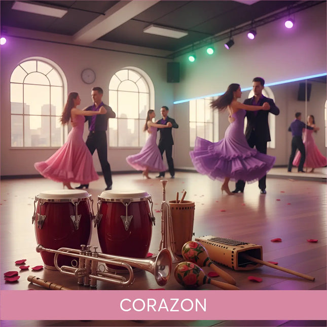 Shiny brass trumpet with intricate valves beside red drums on wooden floor for corazon gymnastics floor music