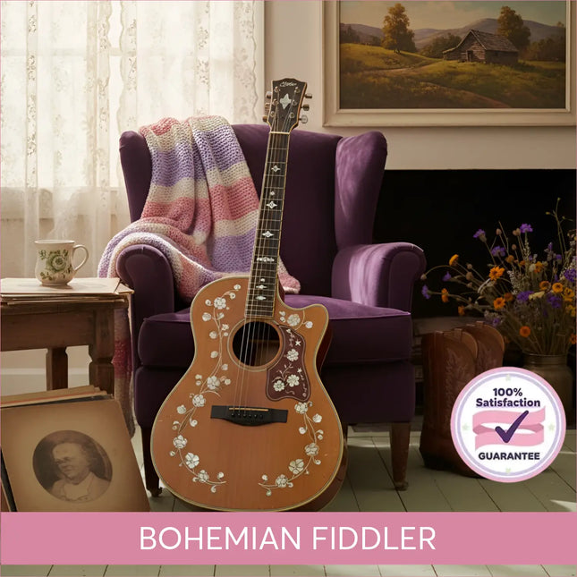 A beautifully crafted acoustic guitar with floral inlays perfect for country gymnastics floor music or country music routines