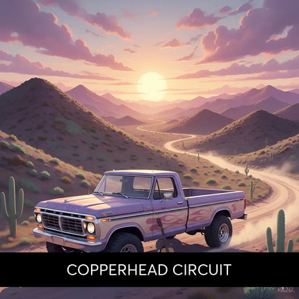 Purple vintage ford pickup truck with flame decals and chrome accents for copperhead circuit gymnastics floor music use