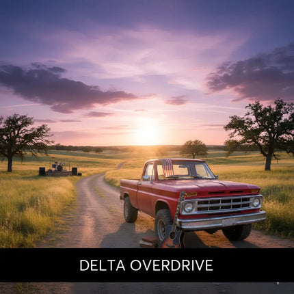 Red vintage pickup truck with chrome grille parked on dirt road at sunset perfect for country rock gymnastics floor music fans