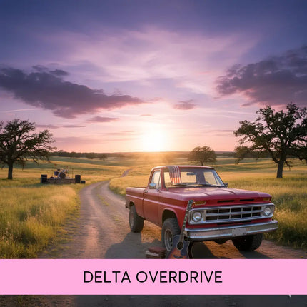 Red vintage pickup truck with chrome grille parked on dirt road at sunset perfect for country rock gymnastics floor music fans